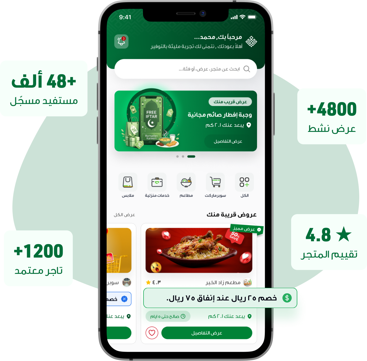 Rawafed mobile app with platform statistics